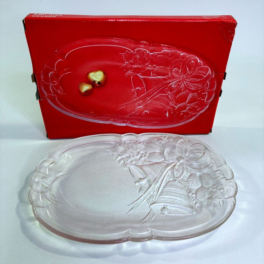 Mikasa Crystal Holiday Bells Oblong Plate 10.25" Serving Tray RC197/349 Japan